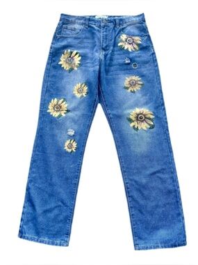 Floral Sunflower Straight Leg Lightly Distressed Blue Jeans size L or 12